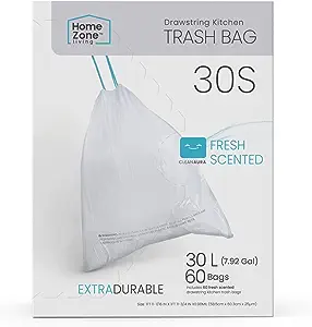 Home Zone Living 8 Gallon Kitchen Trash Bags with Drawstring Handles, Heavy Duty Custom Fit Design for Standard 30 Liter Kitchen Trash Cans, Code 30S, 60 Count