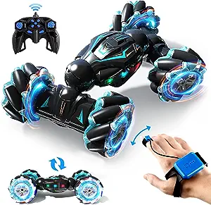 Deejoy RC Stunt Car, 2.4GHz 4WD Remote Control Gesture Sensor Toy Cars, Double Sided Rotating Off Road Vehicle 360° Flips with Lights Music, for Boys & Girls Birthday