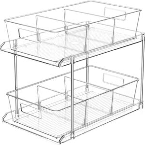 FabSpace Pull-out Home Organizers, 2 Tier Clear Bathroom Organizer with Dividers, Multipurpose Vanity Counter Tray, Kitchen, Closet Organizers and Storage Container Bins for Cabinet, Pantry