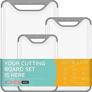 Kitchen Plastic Cutting Board Set of 3, Dishwasher Safe Cutting Boards with Juice Grooves, Thick Chopping Boards for Meat, Veggies, Fruits, Easy Grip Handle, Non-Slip (Gray)